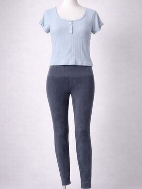 Aura Light Blue Ribbed Henley Top